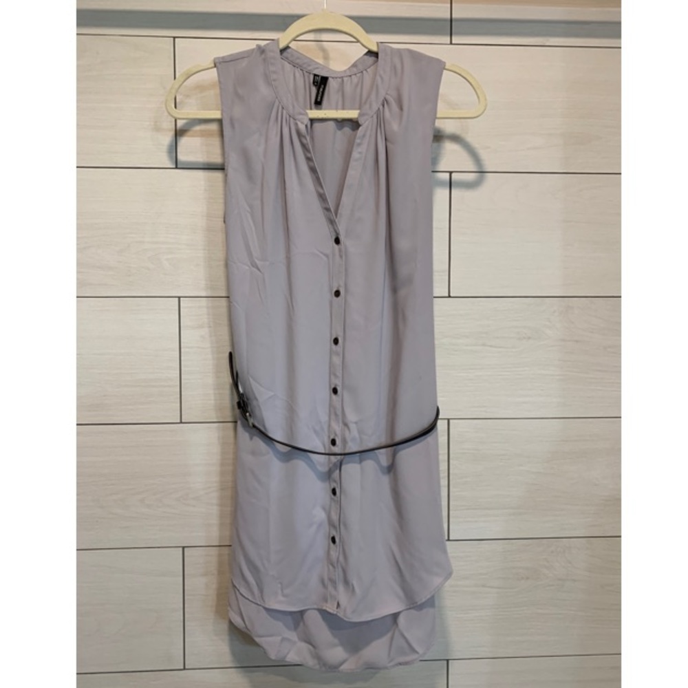 Long Grey Button Up Blouse with Belt
